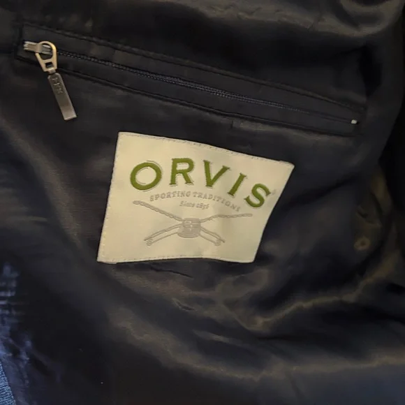 Men’s Orvis Dark Blue Sport Coat 100% Silk Size 46R NWOT With Garment Bag